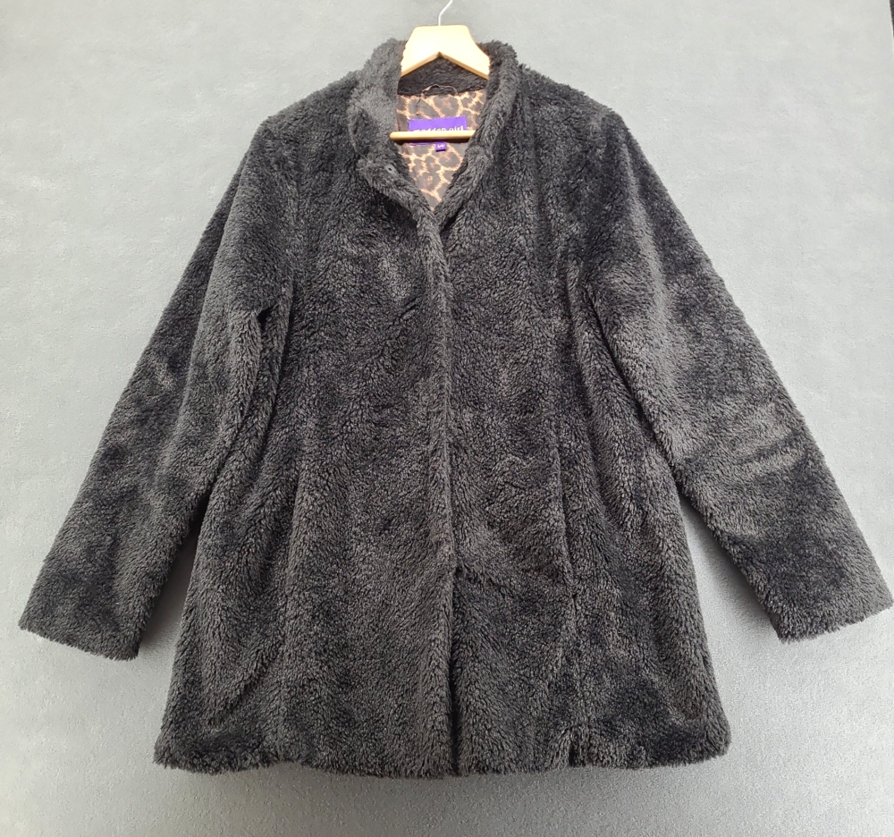 Madden Girl Faux Fur Teddy Coat Black Leopard Print Lined Car Jacket Womens L